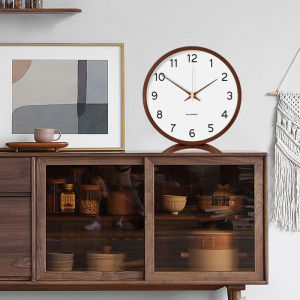 Real Wood Desktop Clock Living Room Decorative Accessories Standing Style round Shape American Simple Style Battery Powered