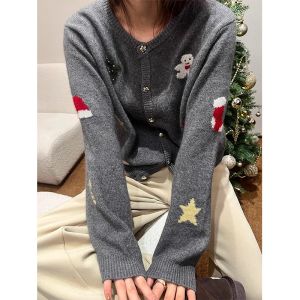 ฤดูใบไม้ร่วง ฤดูหนาว บรรยากาศคริสต์มาสสีแดง นุ่ม ขนสัตว์ กระดุมเดี่ยวคอกลมถัก เสื้อสเวตเตอร์ เสื้อโค้ท ผู้หญิง คาร์ดิเกน พอดีสบาย