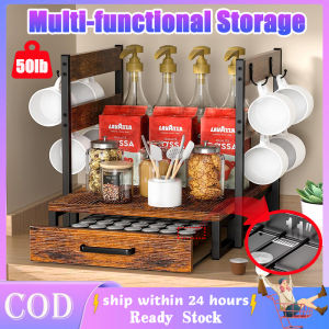 Wooden Coffee Machine Storage Rack With Drawer And 8 Hooks 5 Grids Coffee Capsule Storage Rack Coffee Machine Organizer Equipped With Anti Slip Feet Countertop Spice Tea Bag Shelf Multi-Functional Storage Rack For Kitchen Office Coffee Bar Restaurant
