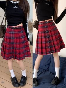 Retro Plaid A-Line Midi Skirt Womens High Waist Pleated Spring Autumn plus Size College Style JK Half Skirt Korean Commute