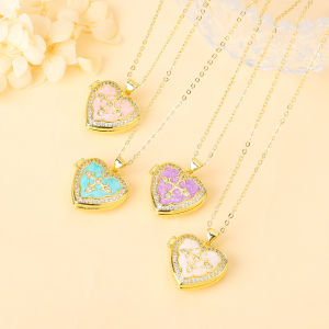 Sweet Heart-Shaped Enamel Art Flip-Open Photo Box Zircon Necklace Light Luxury for Women Girls Holiday Jewelry Mothers Day Gift