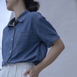 Pansy Eyebrow Real Shot Classic Real Wear Cotton French Short Sleeve Denim Shirt Summer Loose Casual All-Matching Tops Women