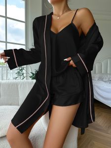 Womens 3-Piece Luxury Satin Pajama Set Camisole Shorts & Robe Coordinated Comfort Autumn Winter Loungewear