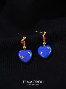 Blue Heart Vintage Diamond Embedded Ruby Earrings Unique High-End Sensation Ear Jewelry S925 Silver Needle White Enhancing