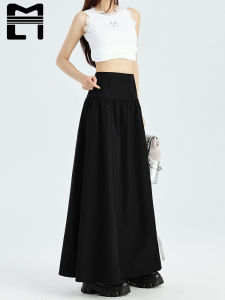 American Retro Black Asymmetrical Skirt Womens Suit Style High Waist Long A-Line Skirt Slimming Effect Midi Length Skirt