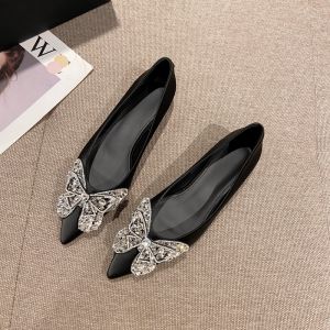 Elegant Lady Low Heel Diamond Butterfly Fashion Single Shoes Soft Bottom Comfortable PU Material Korean Style Autumn New