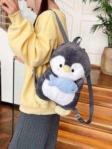 กระเป๋าเป้สะพายหลังผ้าขนแกะลายปinguino กางเกงขายาวลายการ์ตูนสุดน่ารัก กระเป๋าเป้สะพายหลังแบบลำลองสำหรับเด็กผู้หญิง กระเป๋าถือขนาดเล็ก กระเป๋าสะพายไหล่แบบลำลอง