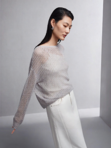 Light Gray Lace Hollow Loose Long Sleeve Round Neck Thin Sweater Spring New Lazy Style
