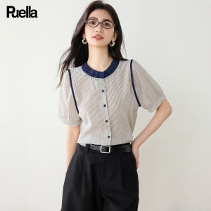 puella | Áo Sơ Mi Tay Ngắn Sọc Dạng Cuff Mũi Tên Phong Cách Pháp