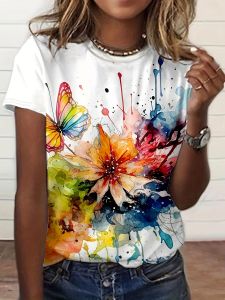 White Watercolor Womens Tee - Rainbow Butterfly & Flower Graphic Vibrant Art Print Design for Casual Daily Wear