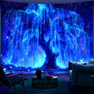 VIKAMA Starry Sky Weeping Willow Tapestry Blue Night Willow Branches and Stars Living Room Bedroom Decor Dreamlike Wall Decor