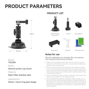 TELESIN | TELESIN Action Camera Holder Suction Cup For Gopro DJI OSMO Action Insta360 Smart Phone Holder Adjustable 1/4 Standard Adapter