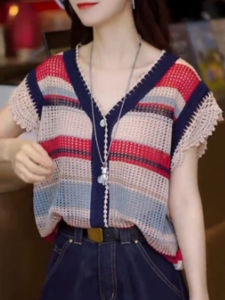 Shalldoer | Colorful Striped Hollow Out Sleeveless Knitted Top Womens Summer Thin Breathable Cover Up Shirt V Neck Regular Fit Linen Blend