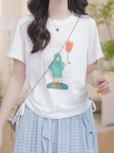 Shalldoer | Korean Style Short Sleeve T-Shirt Womens Drawstring Waist Design Summer Fashion Versatile Cartoon Print Casual Top