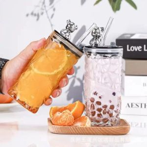 Gelas Kaca Beruang/Gelas Thermos Kristal Love/Gelas Kaca Panjang 350 ML/Gelas Kaca Aesthetic Tutup Beruang+Sedotan
