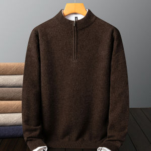 Pierre Cardin Mens Cashmere Sweater 100% Pure Mountain Cashmere Luxury Thickened Zipper Half High Collar Solid Color Red