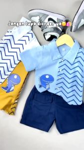 Setelan Pakaian Bayi Anak Laki-laki Kemeja Trex Salur Dino Usia 1-5 Tahun