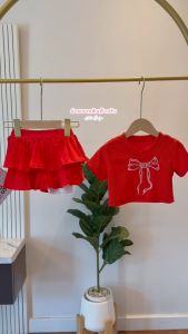 ชุดเด็กผู้หญิง เสื้อครอป+กระโปรงสีแดง ปักโบว์สุดน่ารัก น้ำหนัก 5-25 กิโล รหัสDC2