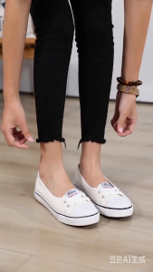 Elegant Women Lace-Up Canvas Sneakers - Casual Slip-On Flats in White/Navy #99-202