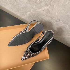 Sparkling Low Heel Flat Sandals Womens Fashionable Korean Style Spring Summer Glittery Slip-On Single Shoes Breathable