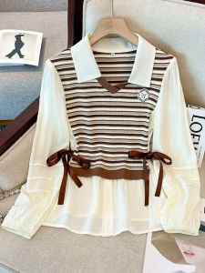 Womens Polo Neck Shirt Striped Patchwork Classic Design Spring Autumn Versatile Long Sleeve Commute Style Korean Fashion