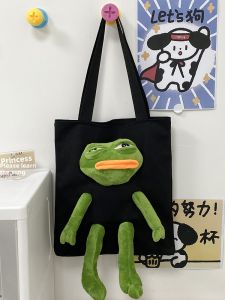 Adorable Large Capacity Canvas Tote Bag Womens Commuter Frog Doll Single Shoulder Bag Youthful Fashion Soft Zipper Closure