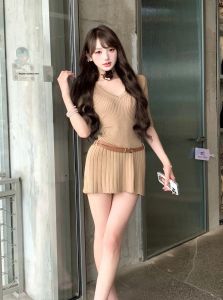 VKSOD | Slimming A-Line Short Knitted Dress V-Neck Belted Summer Fashion Womens Clothing VKSOd Brand DSD230C-6554 25-35 Years Old