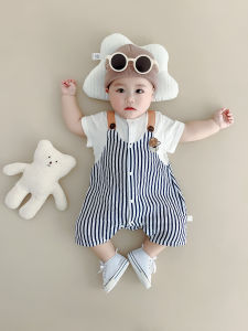 Cute Baby Summer Romper Short Sleeve Thin Striped Design Korean Style Boys Clothes Infant Crawling Suit Casual Cotton Blend
