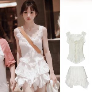 White Lace A-Line Mini Skirt Ballet Style Half-length Princess Cut Short Skirt with Pleats for Young Women Summer 2024