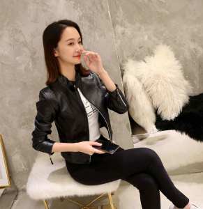 Spring/Autumn New Korean Style Slimming PU Leather Motorcycle Jacket with High Waist for Women Chic Mini Leather Coat Hong Kong Style Outerwear