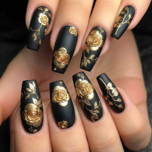 3D fake nails for women girls golden silver gilding rose flowers for Valentines Day ballet almond tips press on false nail art