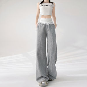 MiiOW | Lace Splicing Wide Leg Pants Womens Summer Thin Casual Loose Style High Waist Cotton Blend Elastic Fabric Straight Cut Pants