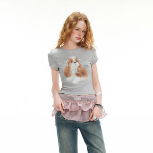 unifree | Dogs Print Short Sleeve Women Tight Fit Short Length Korean Style Top