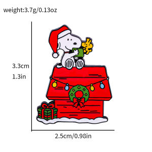 Bandai | Cartoon White Dog Red House Enamel Brooch Season Theme Lapel Pin with Dangle Charms for Bag Clothes Decoration Christmas Gift