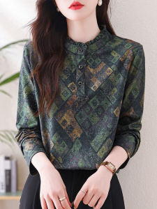 Fashionable Long Sleeve Stand Collar Base Shirt Womens Autumn Winter Thickened Velvet Warm Retro Plaid Print Mom Top