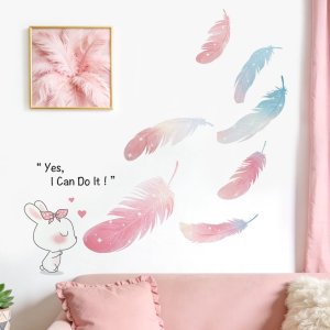 Decal dán tường trẻ em họa tiết hình thỏ và lông vũ pastel Có keo sẵn 85*83 cm Dễ thương an toàn