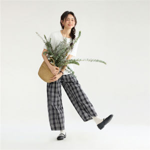 Giordano Designer Casual Pants Women Summer New Plaid Bubble Cloth Wide Leg Nine Points Thin High Waist Cotton Polyester