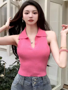 chaqi | Pink Knitted Vest Women Summer Sleeveless Short Style Slim Fit V-neck Hanging Neck Knit Small Strap Top Hong Kong Flavor