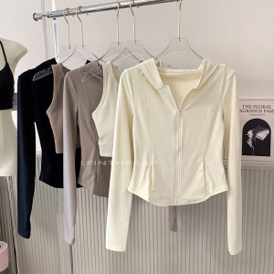 Womens Fitness Running Jacket Double-Sided Fleece Zipper Long Sleeve Yoga Sportswear Slimming Effect Hat Sweatshirt