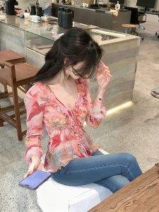 Pink Chiffon Print Pinched Waist Ruffled V-neck Blouse