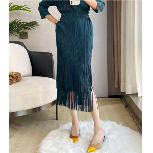 Chic Fringed Pleated Midi Skirt Women Summer Thin Three-dimensional Design Slimming Versatile Mid-length Pleated Skirt