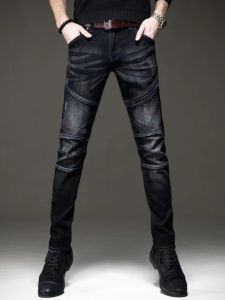 กางเกงยีนส์ขี้มอเตอร์ไซค์ระดับไฮเอนด์กางเกง ขายาวผ้ายืด ถูกเข้ารูปแบรนด์ยอดนิยมสำหรับผู้ชายกางเกงลำลองแบบปะต่อแฟชั่นสไตล์เกาหลีสำหรับผู้ชาย