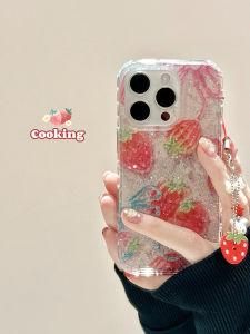 Pink Ins Shiny Powdered Oil Painting Strawberry Design Mobile Phone Case with Charm for iPhone 16 pro Max Apple 15 Cute Girl Heart 13/14 New Model 14 pro Protective Soft Shell