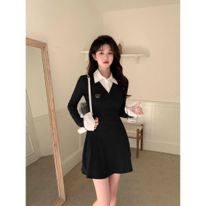 ชุดเดรสฤดูใบไม้ร่วง/ฤดูหนาวสำหรับผู้หญิง ชุดเดรสยาวคลุมเข่าแขนยาวคอโปโล ชุดเดรสสไตล์ฝรั่งเศสแบบอ่อนโยนสำหรับการออกกำลังกายในบ้าน