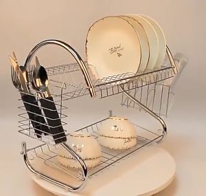 ชั้นคว่ำจาน ชั้นวางจาน2ชั้น ที่วางจาน ที่คว่ำจาน สแตนเลส ทรงโค้ง S พร้อมที่ใส่ช้อน ส้อม มีดและแก้วน้ำ