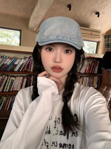 Retro Washed Denim Beret Hat Women Spring Summer Versatile Large Head Size Face Slimming Forward Cap Casual Style Duckbill