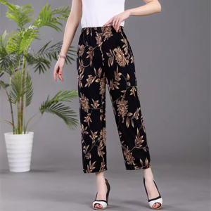 Summer Thin Ice Silk Loose Elastic Waist Womens Pants Nine Points Base Pants Mom Pants Polyester 100% Seven Points/Pants
