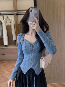 HUANJI | Áo Khoác Jean Xanh Có Corset Dây Đính