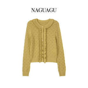 Madelaine Knitted Series Hollow out Mixed Wool Silk Geometric Pleated Summer Cardigan Polyester Fiber Long Sleeve round Neck