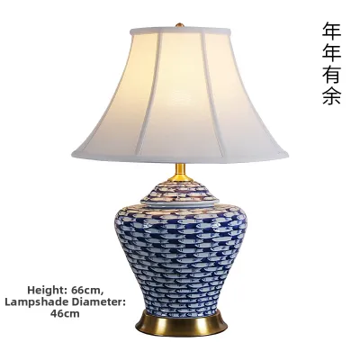 New Chinese Style Jingdezhen Blue And White Ceramic Table Lamp Bedroom Bedside Living Room Decorative Lamps Full Copper Base